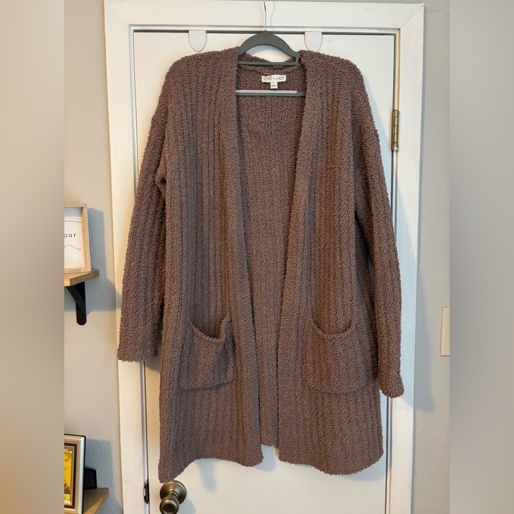 She + Sky Brown Open-Front Cardigan